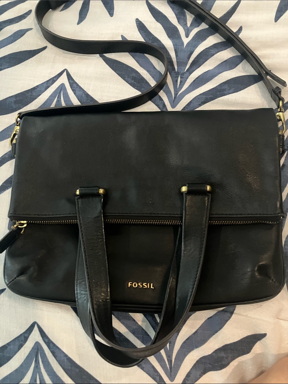 Fossil Black Leather Foldover Double Handle Bag Removable Crossbody Strap